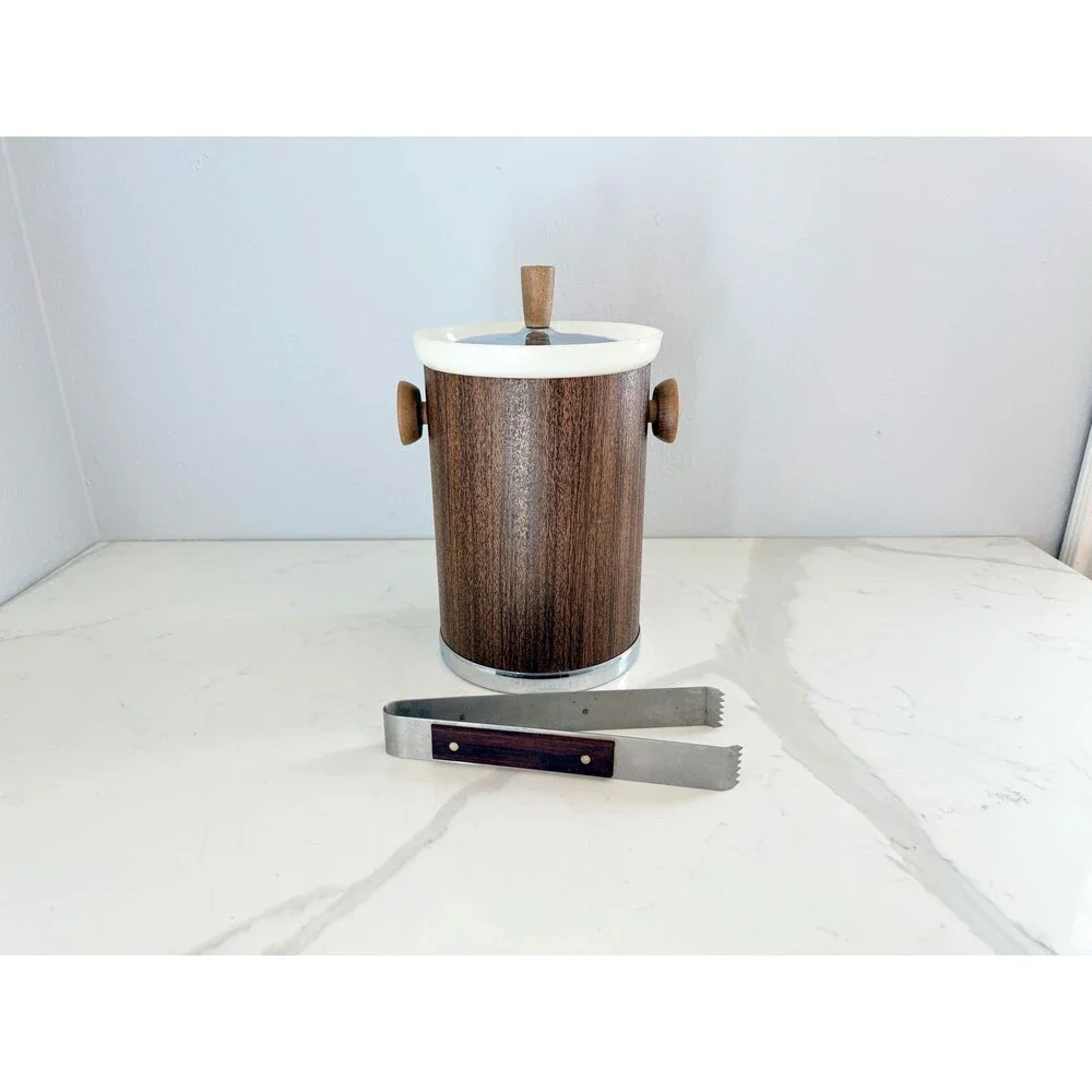 Vintage 1960s Kromex Ice Bucket with Tongs - Marked Made in USA Bar Cart